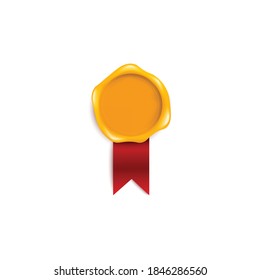 Candle wax stamp or seal blank yellow with red ribbon 3d realistic vector illustration isolated on white background. Mail vintage stamp the symbol of best quality.