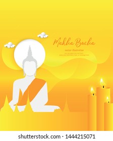 Candle and white buddha statue sit on yellow background - Buddha’s Day Buddhist Lent - Magha Asanha Visakha Puja Day