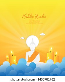 Candle and white buddha statue sit on yellow background - Buddha’s Day Buddhist Lent - Magha Asanha Visakha Puja Day