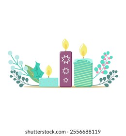 Candle, winter beautiful composition, christmas, new year, holidays celebration. Vector illustration, clipart, isolated on white. Card, background, banner with place for your text.