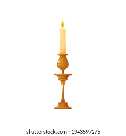 Candle in wooden candlestick isolated retro illumination symbol. Vector glowing Christmas or New Year decoration. Vintage candlestick and bright flame, candlelight from burning paraffin wax candle