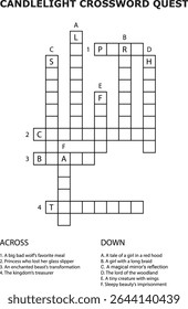 Velas Quest Crossword Quest Grade Imprimível Puzzle Jogo Pistas de conto de fadas vetor