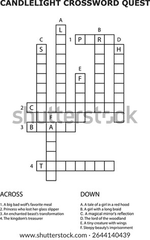 Candlelight Crossword Quest Printable Grid Puzzle Game Fairytale Clues vector