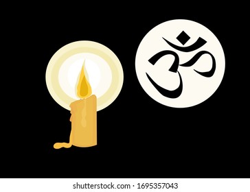 Candlelight in the dark and Om/Aum symbol of Hinduism concept of faith ,hope ,ritual ,prayer.flat vector icon.