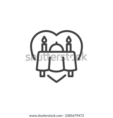 Candlelight dinner line icon. linear style sign for mobile concept and web design. Dining table with heart candles an food outline vector icon. Symbol, logo illustration. Vector graphics