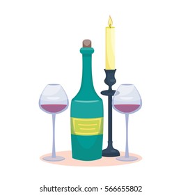 Candlelight Dinner. Wine Bottle And Glasses With Candle. Vector Illustration. Cartoon Style