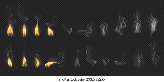 Candlelight glowing and illumination, isolated fire and flames with smoke. Vector candle burning on transparent background. Realistic candle light illuminating sparkle and glow
