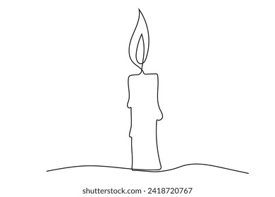 Candlelight linear, candle with flame continuous line, simple doodle design element isolated on white background. 