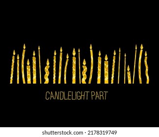 Candlelight party poster, banner or print. Vector design illustration. Lighted candles on the dark background. Golden texture.