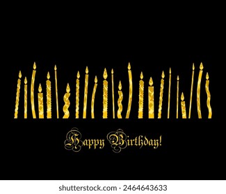 Candlelight party poster, banner or print. Happy bithday congratulation. Vector design illustration. Lighted candles on the dark background. Golden texture.