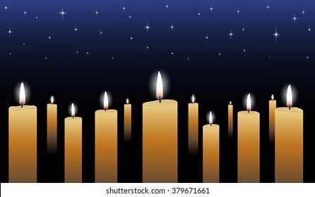 Candlelight Vigil Is An Illustration Of Many Glowing Candles With A Midnight Blue Star Filled Background.
