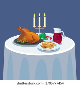 Candlelit dinner, fried chicken, potatoes, salad