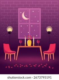 Candlelit table for two with wine and roses in a cozy starlit room. Vector illustration