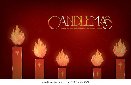 Candlemas Day Banner Design. Five red and gold 3d paper cut out design bright burning candles with golden flames. Elegant Candlemas Typographic design. 
Vector Illustration. EPS 10.