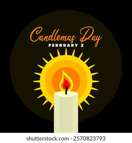 Candlemas Day to celebrate on February 2nd. A burning candle with calligraphic text on black background. Religious event banner.