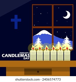 Cartel del evento del Día de la Candelaria. Quemando velas en una mesa cerca de la ventana con una cruz y texto en negrita para celebrar el 2 de febrero