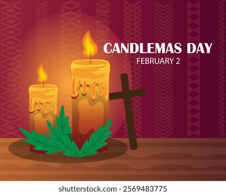 Candlemas Day. February 2. Holiday concept. Template for background, banner, card, poster with text inscription. Vector illustration