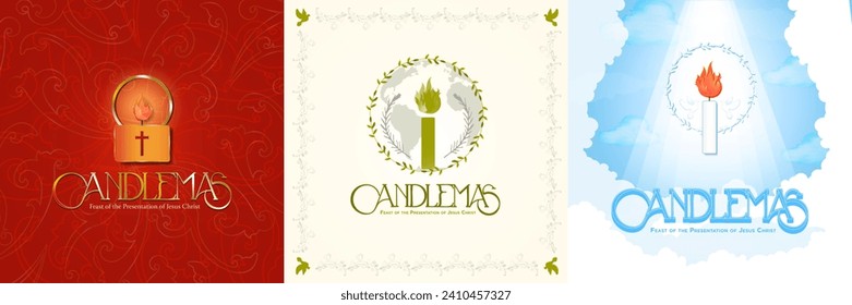 Candlemas Greeting Card Poster Set. Burning Candle Illustrations. The Feast of the Presentation. Candle in the sky with heavenly light. Red and Gold candle with cross Vector Illustration. EPS 10.