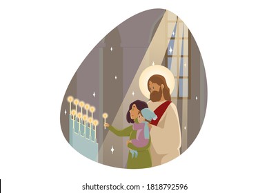 Candlemas, religion, character, bible concept. Jesus Christ son of god Messiah prophet stands with young mother and child baby holding consecrated sanctified candles praying. Catholic orthodox holiday