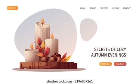 Candles, acorns and autumn leaves. Autumn, cozy home, warm fall concept. Vector illustration. Website banner template.