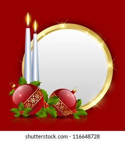 Candles and balls decoration with golden plaque