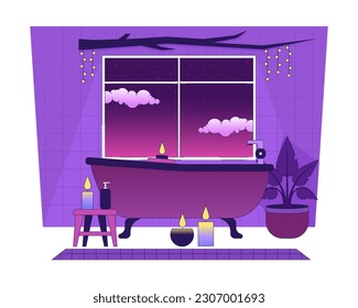 Candles with bathtub isolated chill lo fi image. Home spa day. Candlelight in bathroom 2D vector cartoon interior illustration, vaporwave background. 80s retro album art, synthwave aesthetics
