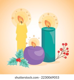 candles between leaves . vector illustration