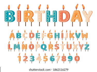 Candles birthday alphabet. Birthday candles ABC letters and numbers, cute alphabet for birthday cake. Birthday candles font vector symbols set. Decoration for cake on holiday celebration svg