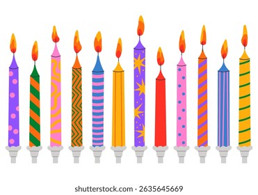 Candles for the birthday cake. Colorful holiday candles for cake decoration. Bright accessories for the holiday party. Vector illustration