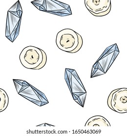 Kerzen und blaue Quarzkristalle im Comicstil machen die Draufsicht nahtlos. Gemütliche Boho-Vorlage für Stock-Illustration für Umhüllung Design, Tapete, Textur. Hintergrundfliese wiederholbar.