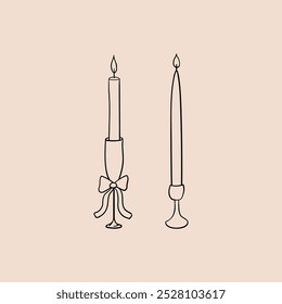 Candles with bows in sketch style. Vector outline illustration of candlesticks and ribbons. Coquette core aesthetic