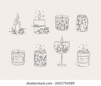 Candles with branches and leaves collection drawing on light background