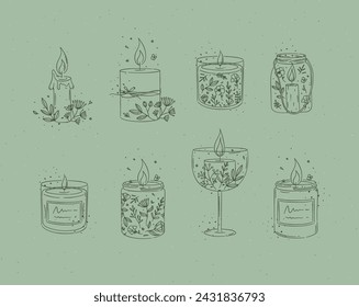 Candles with branches and leaves collection drawing on green background