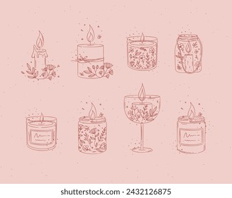 Candles with branches and leaves collection drawing on red background