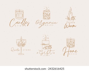 Candles with branches and leaves label collection drawing on beige background