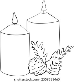 Candles with branches and pine cone. Christmas outline vector illustration Winter holidays Merry Christmas and New Year line art Minimalistic hand drawn cute style