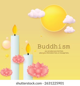 Candles for buddhist lent for social media posts on yellow vector illustration background - Buddhism Magha Puja, Asanha Puja, Vesak Puja Day, Thailand culture