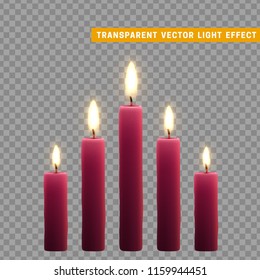 Candles burn with fire realistic. Set isolated on transparent background. Element for design decor, vector illustration