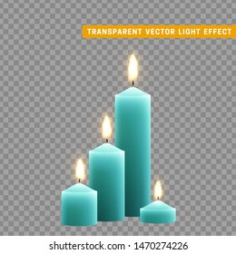 Candles burn with fire realistic. Set isolated on transparent background. Element for design decor, vector illustration