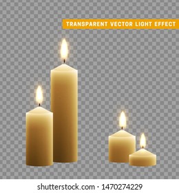 Candles burn with fire realistic. Set isolated on transparent background. Element for design decor, vector illustration