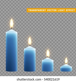 Candles burn with fire realistic. Set isolated on transparent background. Element for design decor, vector illustration