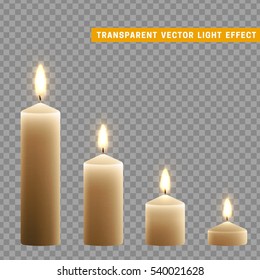 Candles burn with fire realistic. Set isolated on transparent background. Element for design decor, vector illustration