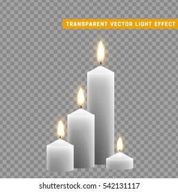 Candles burn with fire realistic. Set isolated on transparent background. Element for design decor, vector illustration