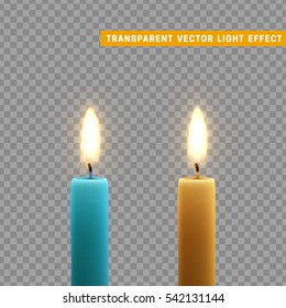 Candles burn with fire realistic. Set isolated on transparent background. Element for design decor, vector illustration