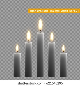 Candles burn with fire realistic. Set isolated on transparent background. Element for design decor, vector illustration