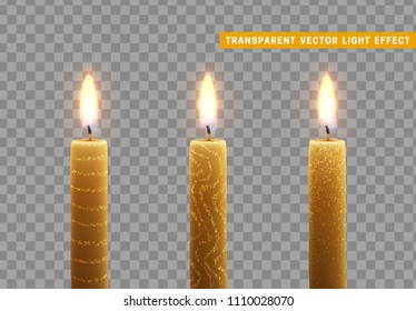 Candles burn with fire. Set of paraffin candles realistic isolated on transparent background. Element for design decor, vector illustration