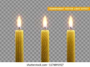 Candles burn with fire. Set of paraffin candles realistic isolated on transparent background. Element for design decor, vector illustration