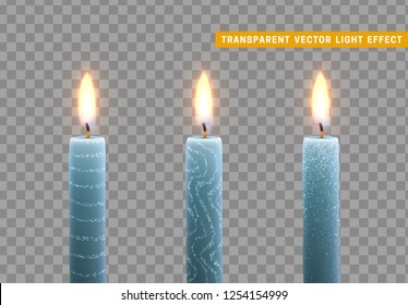 Candles burn with fire. Set of paraffin candles realistic isolated on transparent background. Element for design decor, vector illustration