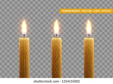 Candles burn with fire. Set of paraffin candles realistic isolated on transparent background. Element for design decor, vector illustration