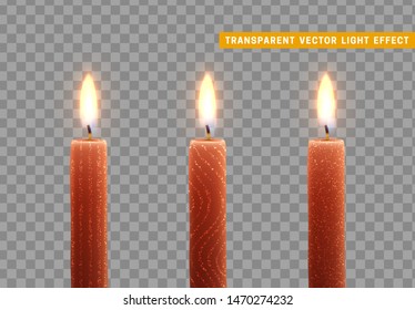 Candles burn with fire. Set of paraffin candles realistic isolated on transparent background. Element for design decor, vector illustration